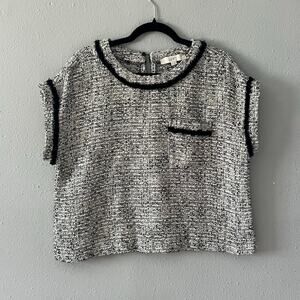 LOFT Tweed Short Sleeve Top Black White Trim Pocket Classic Chic Women’s M